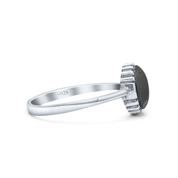 Petite Dainty Oxidized Thumb Ring Round Simulated Black Onyx Solid 925 Sterling Silver